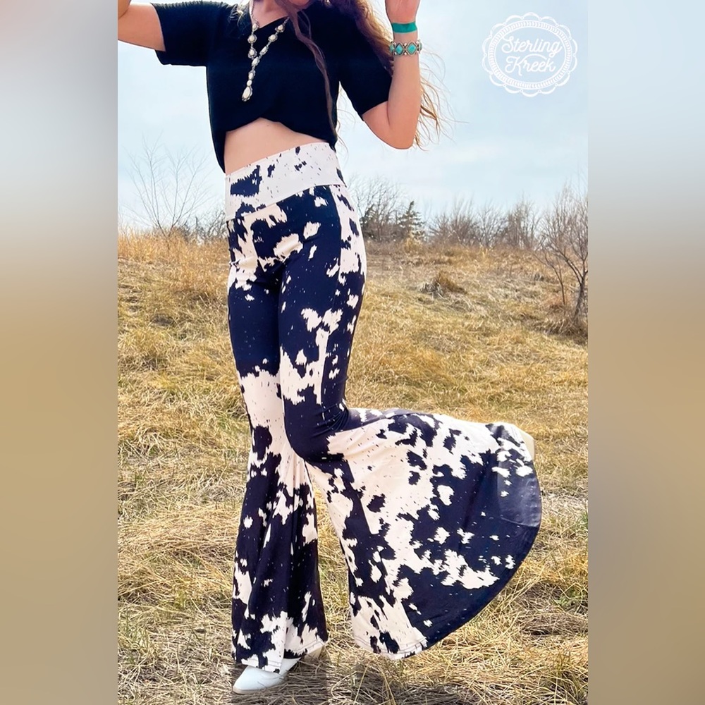 Cow print stretch bell bottom pants